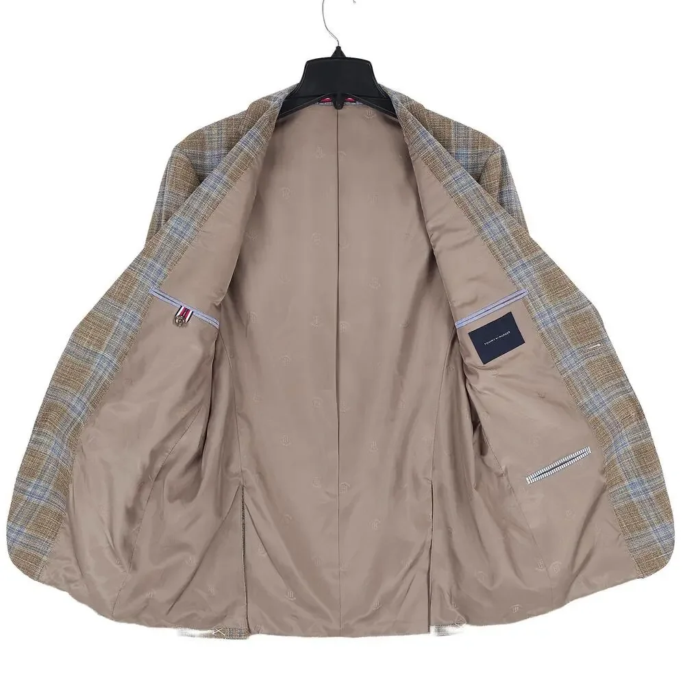 Tommy Hilfiger Mens Modern Fit Sport Coat 40L Tan Blue Plaid Stretch Basketweave